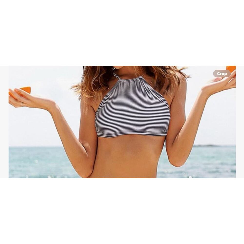 Women Striped Blue Halter High Neck Bikini Top Only Cross Back L